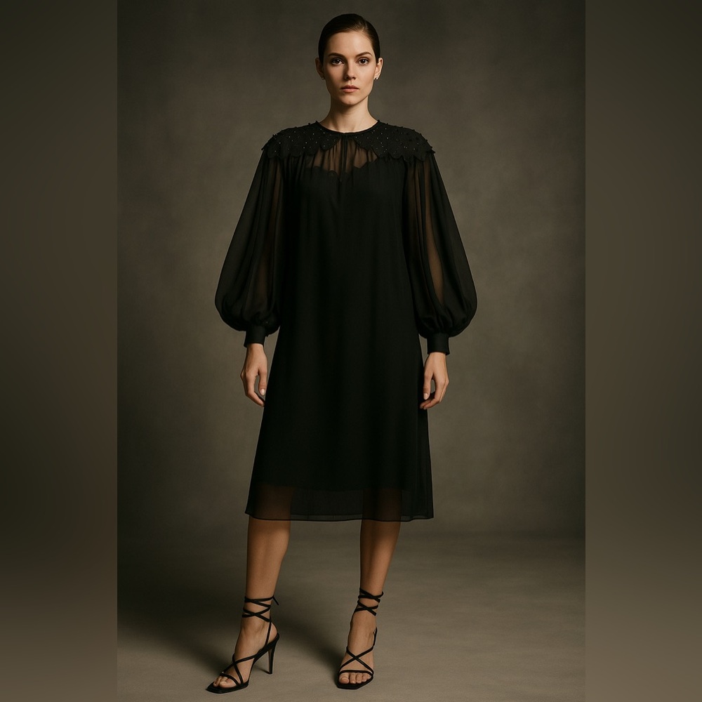 Vintage 80s Black Shift dress with long billowy sleeves and appliqués, small